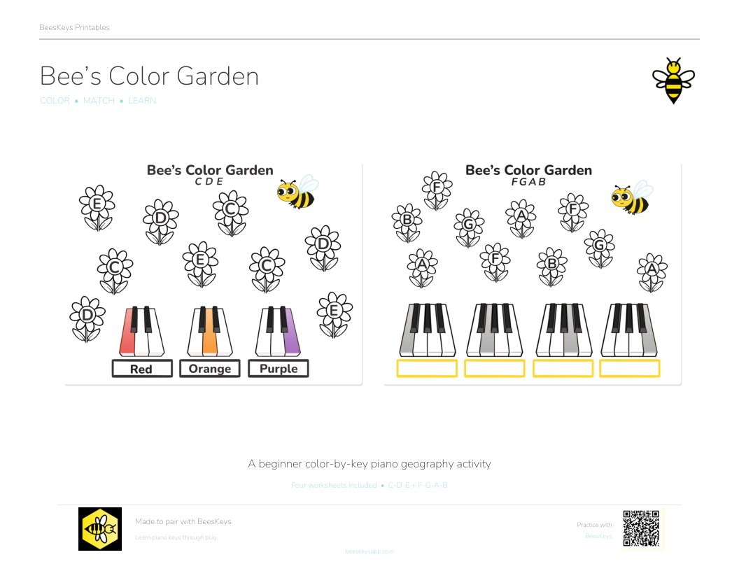 Cover of the Bee's Color Garden printable: two worksheets fanned out, each with a garden of lettered flowers above keyboard diagrams that pair one key with one color.