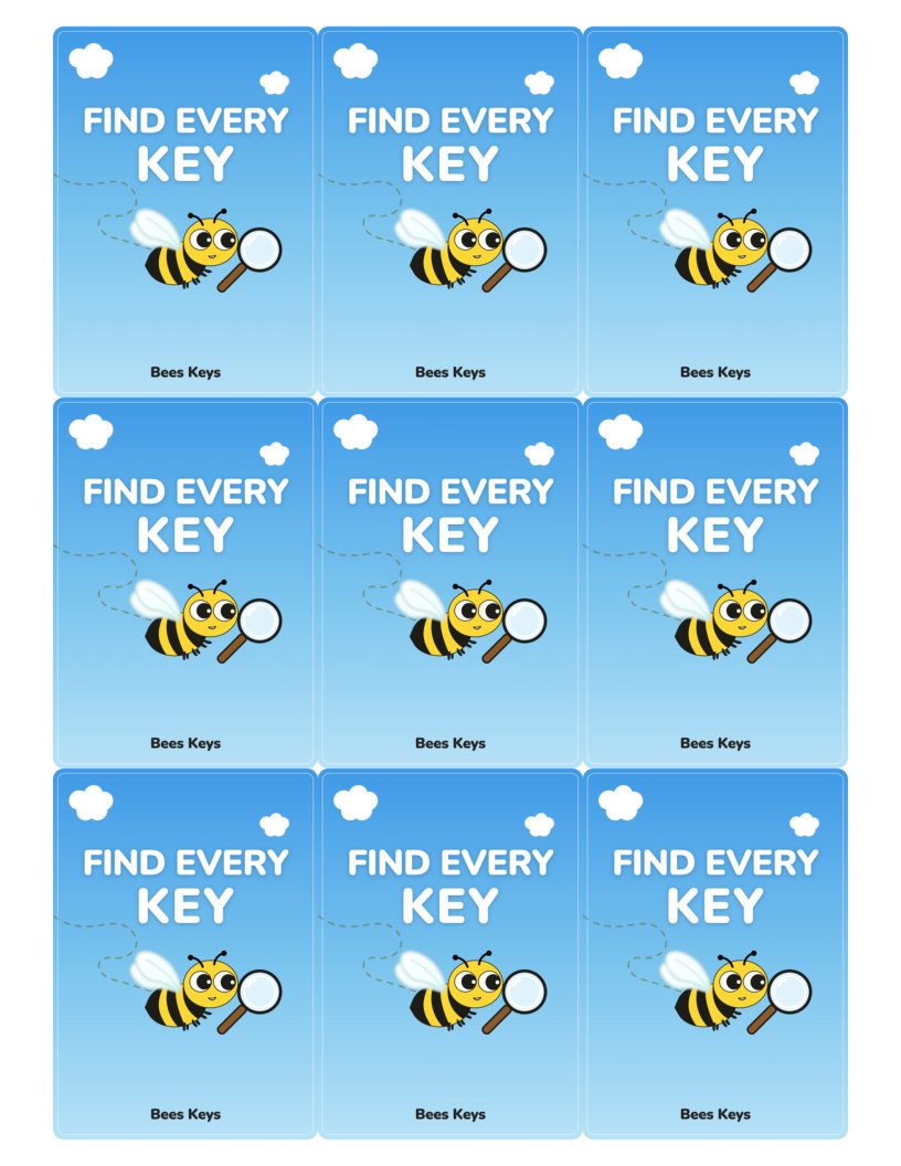 A sheet of nine matching card backs: a bee with a magnifying glass on a blue sky, under the words Find Every Key.