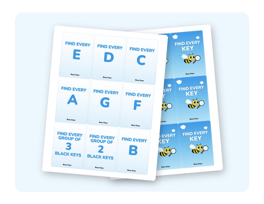 Find Every Key: two sheets of game cards fanned out: the letter cards in front, the blue bee-and-magnifying-glass card backs behind.