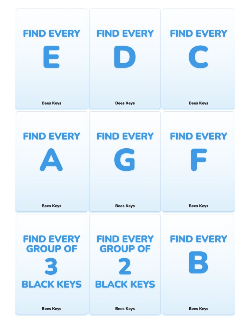 A sheet of nine card fronts: Find Every E, D, C, A, G, F, B, and Find Every Group of 3 and Group of 2 Black Keys.