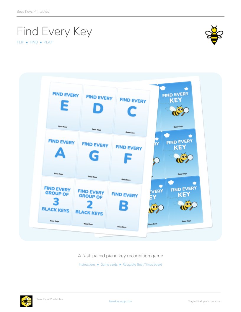 Find Every Key: two sheets of game cards fanned out: the letter cards in front, the blue bee-and-magnifying-glass card backs behind.