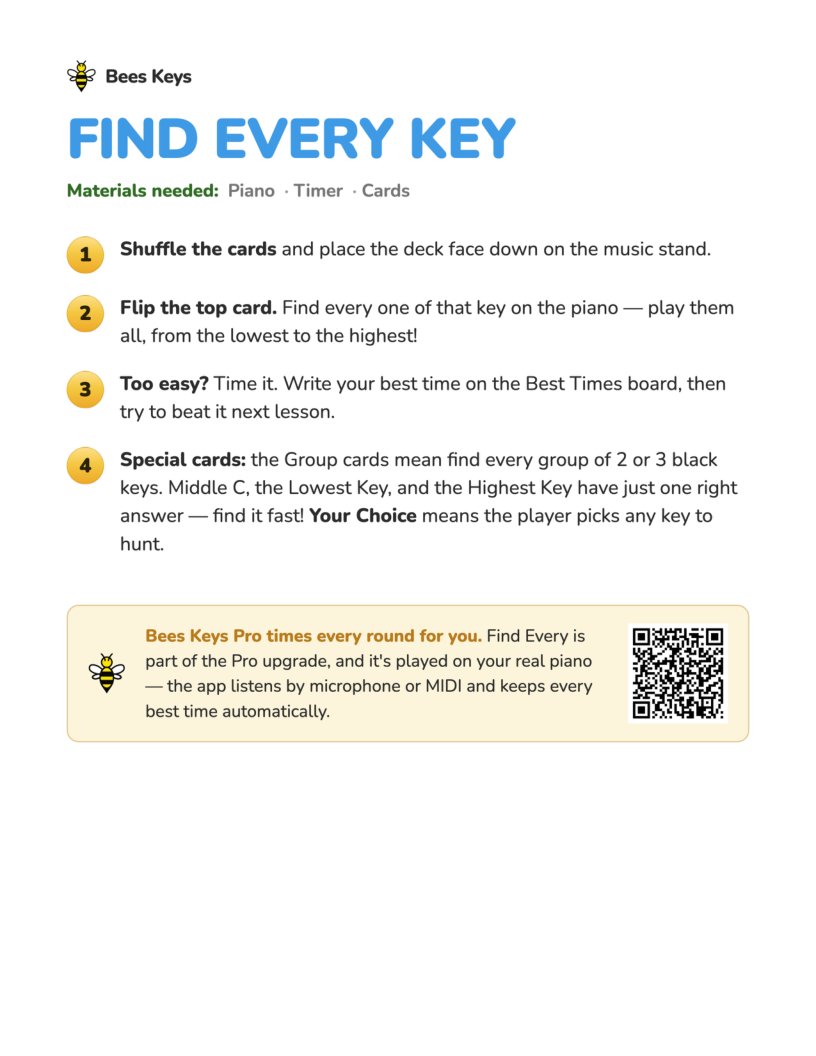 The How to Play sheet: four numbered steps, a materials line reading Piano, Timer, Cards, and a note about Bees Keys Pro with a QR code.