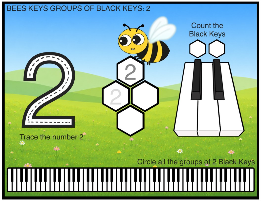 The colorful groups of 2 worksheet: the same layout over the Bees Keys meadow and blue sky background.