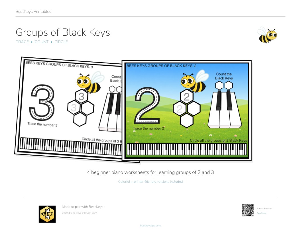 Cover of the Groups of Black Keys printable: two worksheets fanned out, each with a large number to trace, a honeycomb, and a close-up of the black keys.
