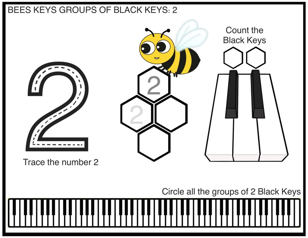 The printer-friendly groups of 2 worksheet: black line art on white, with a number 2 to trace, a honeycomb, a close-up of two black keys, and a full keyboard along the bottom.