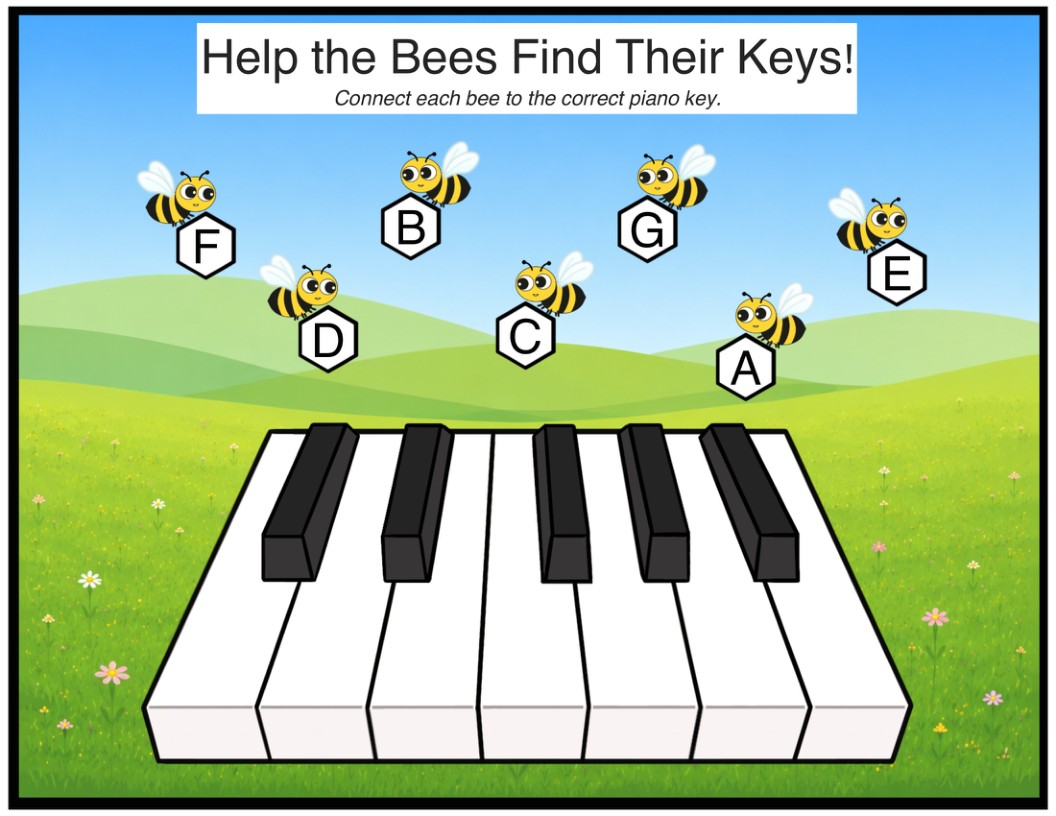 The colorful worksheet: the same bees and keyboard over the Bees Keys meadow and blue sky background.