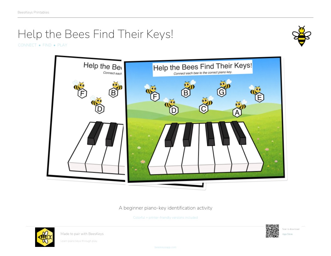 Cover of the Help the Bees Find Their Keys printable: two worksheets fanned out, each with seven bees carrying the letters A to G above a piano keyboard.