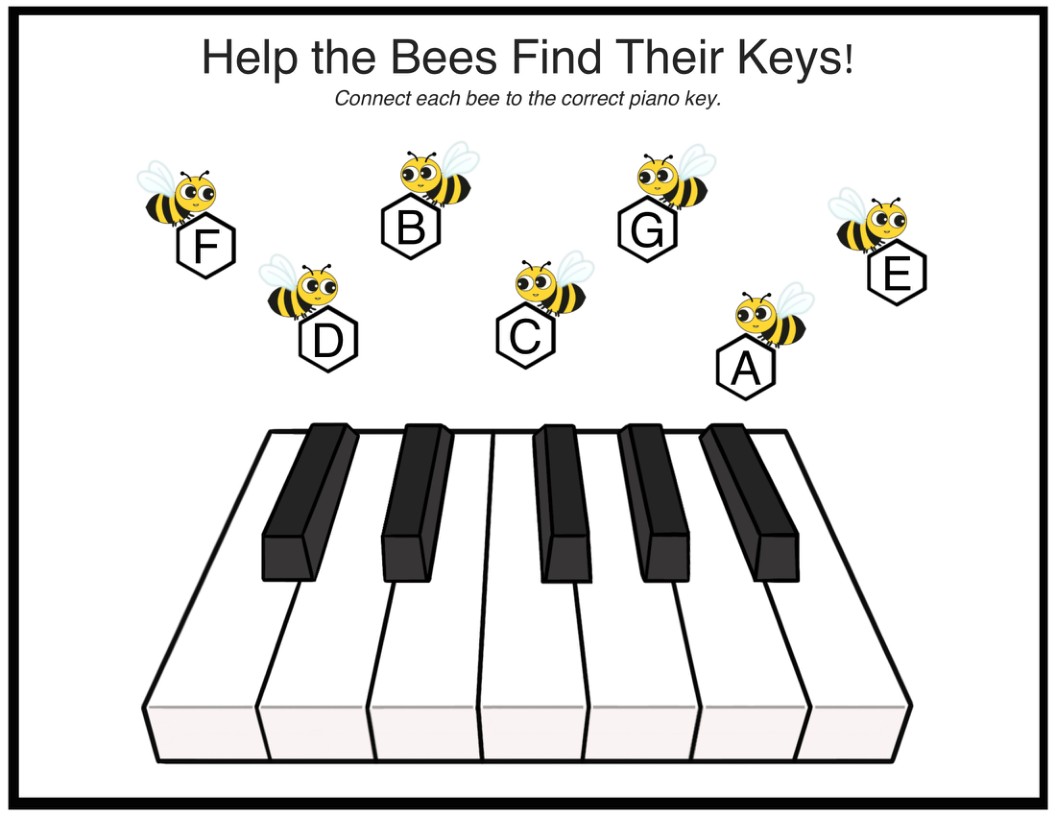 The printer-friendly worksheet: black line art on white, with seven bees carrying lettered honeycombs above an empty piano keyboard.