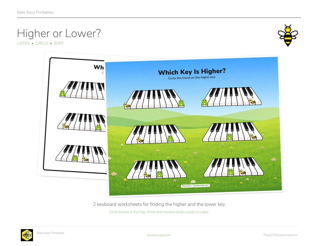 Higher or Lower?: two worksheets fanned out, each with six small keyboards and a bee and a frog sitting on the keys, the front one on the Bees Keys meadow.