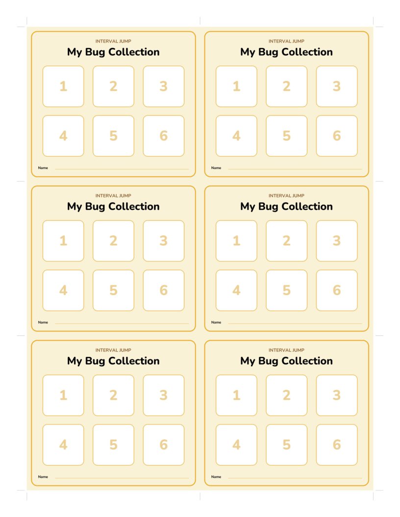The 6-slot card sheet: six My Bug Collection cards with numbered slots one to six.