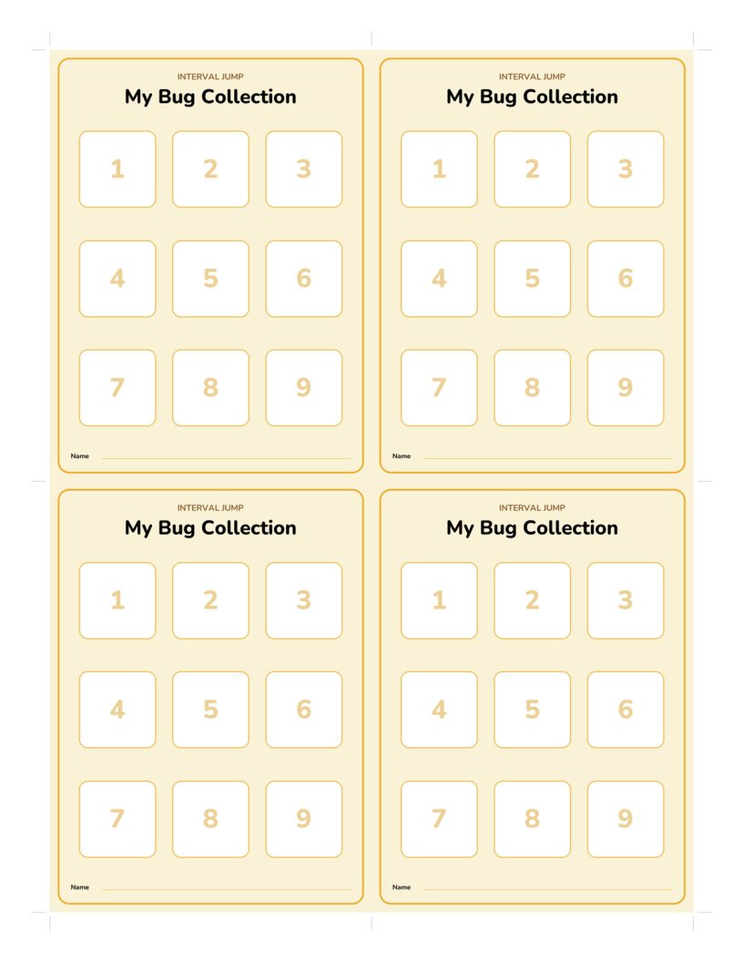 The 9-slot card sheet: four My Bug Collection cards with numbered slots one to nine.
