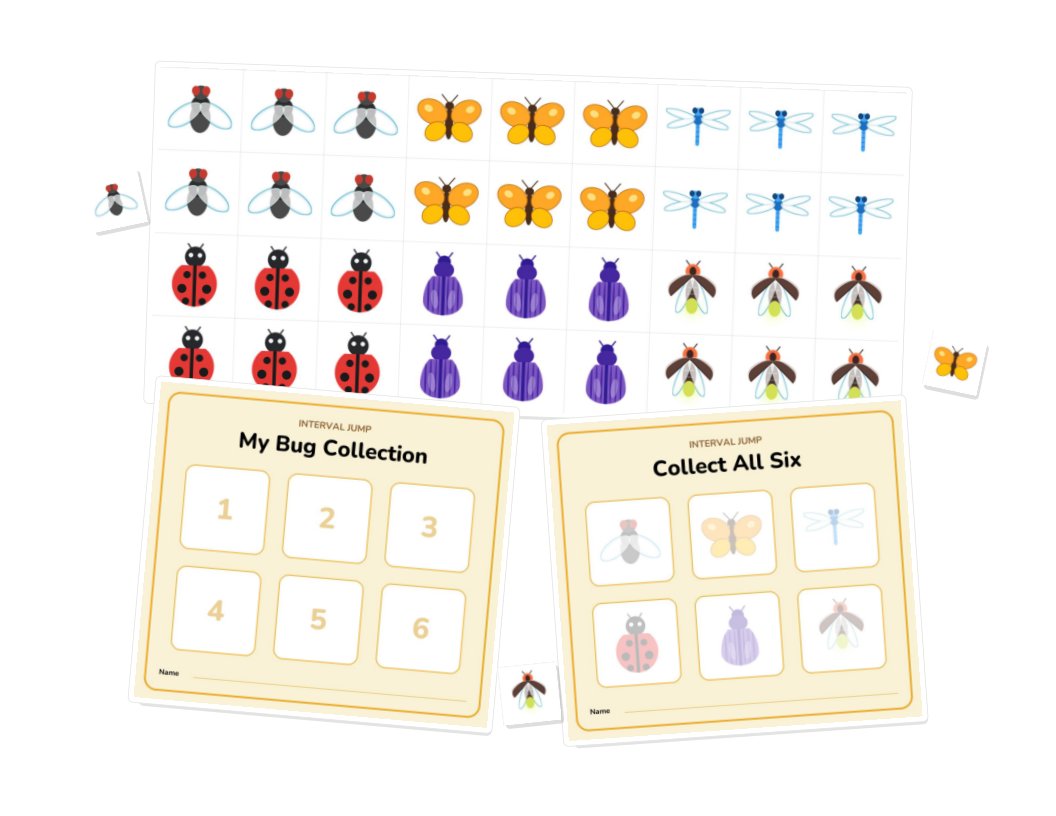 Bug Collection Sticker Sheets: a sheet of bug stickers with a My Bug Collection card and a Collect All Six card cut out and laid over it.