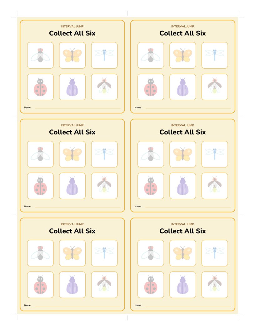 The Collect All Six card sheet: six cards, each with the six bugs faintly printed in the slots waiting to be covered.