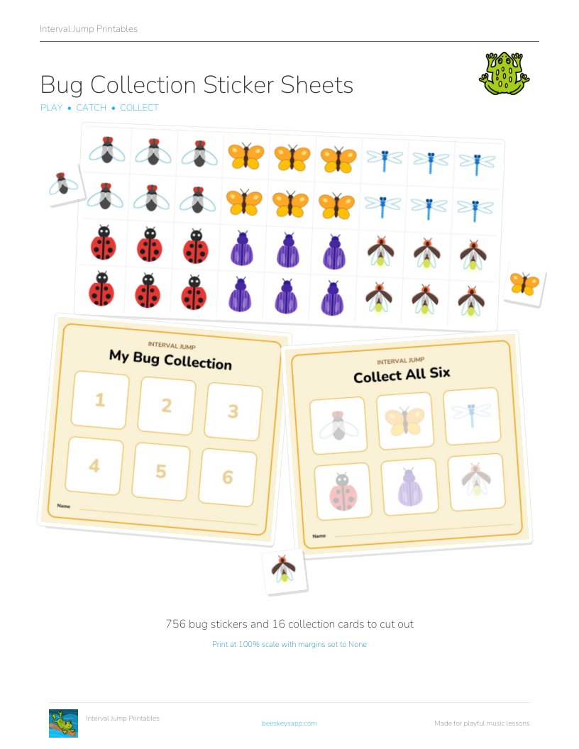 Bug Collection Sticker Sheets: a sheet of bug stickers with a My Bug Collection card and a Collect All Six card cut out and laid over it.