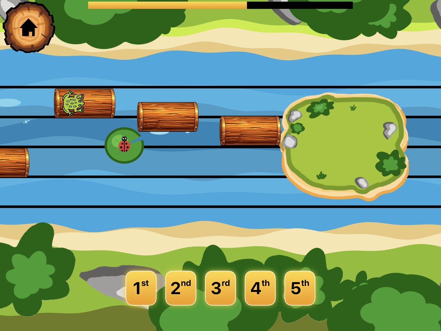Interval Jump: the frog waits on a log over the staff while a ladybug sits on a lily pad in the gap ahead, with the interval buttons 1st to 5th along the bottom.