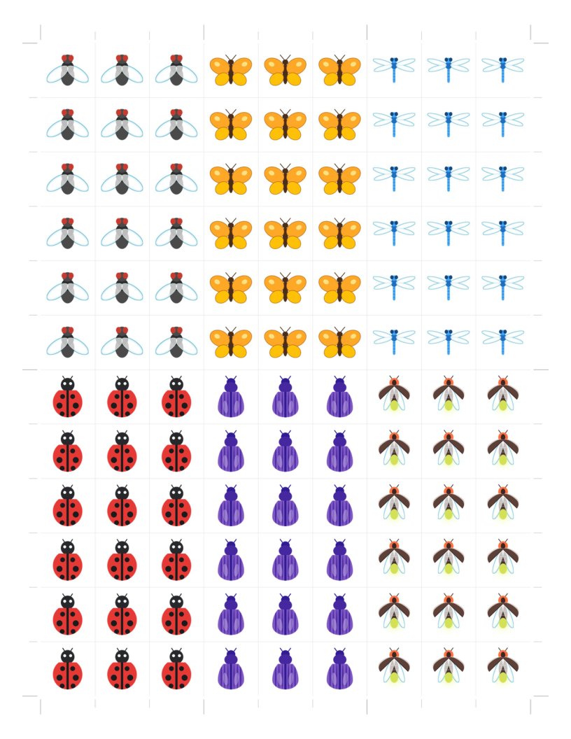 The mixed sticker sheet: 108 stickers in six blocks of eighteen, one block per bug.