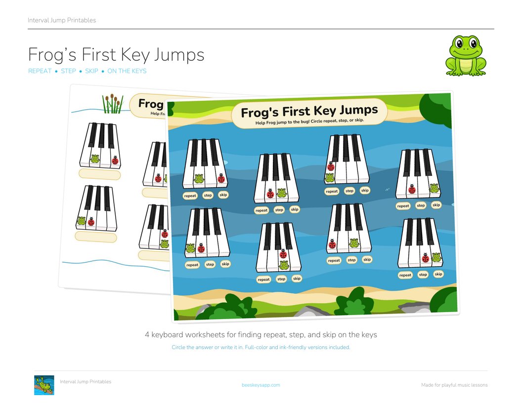 Frog's First Key Jumps: two worksheets fanned out, each with eight little piano keyboards floating on the river, a frog on one key and a ladybug on another.