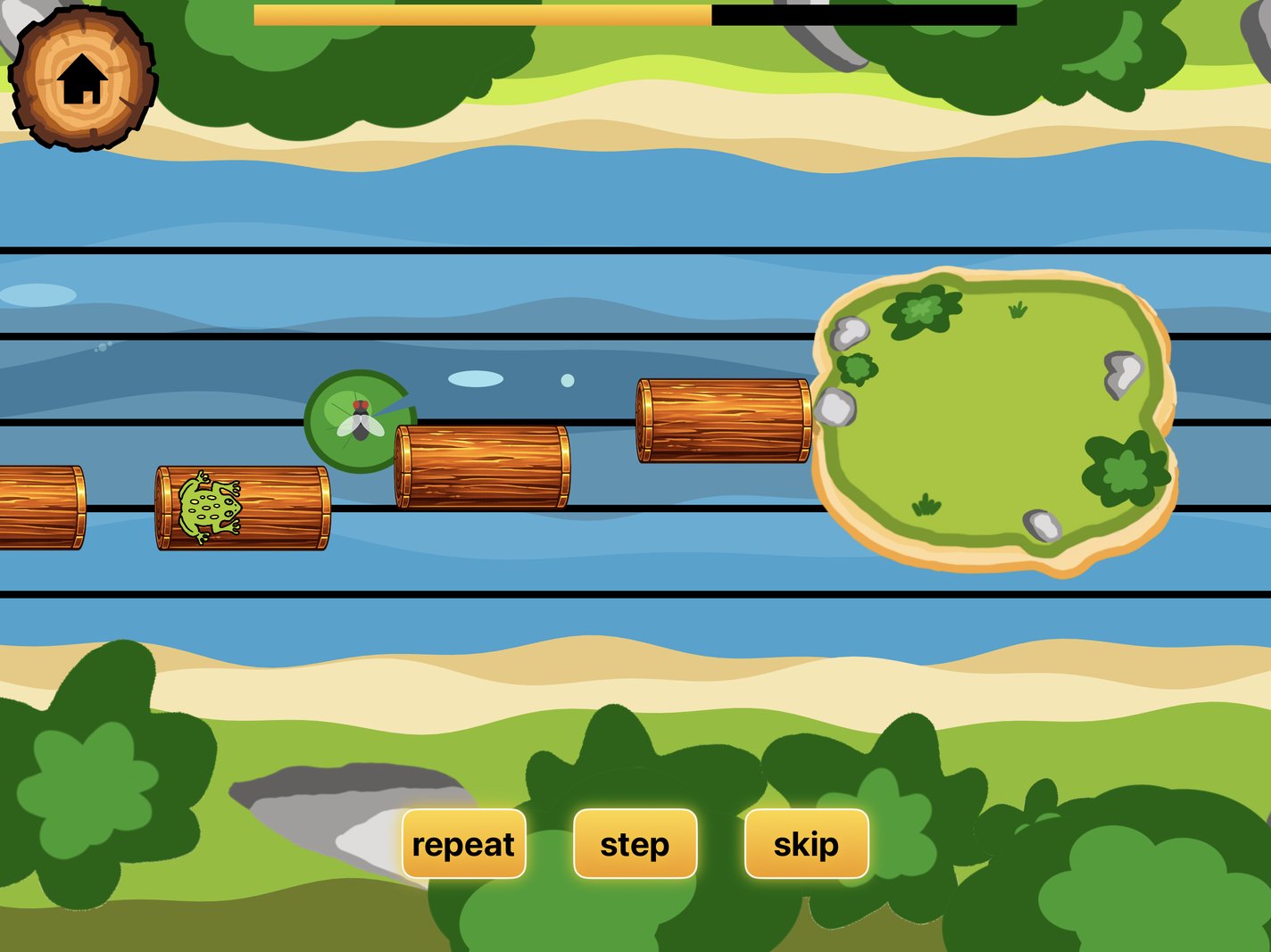 Interval Jump: the frog waits on a log over the staff with a fly on a lily pad ahead, and the repeat, step, and skip buttons along the bottom.