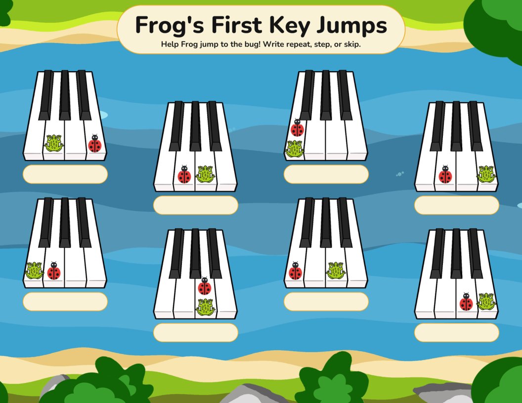 The write-it-in worksheet: the same eight jumps on the river, each with one blank pill to write the answer in.