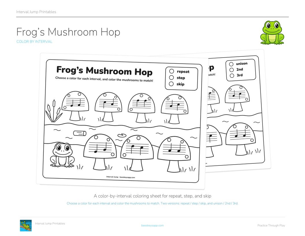 Frog's Mushroom Hop: two coloring sheets fanned out, each with seven mushrooms along a river, two notes on a staff in every cap, and a frog on the near bank.