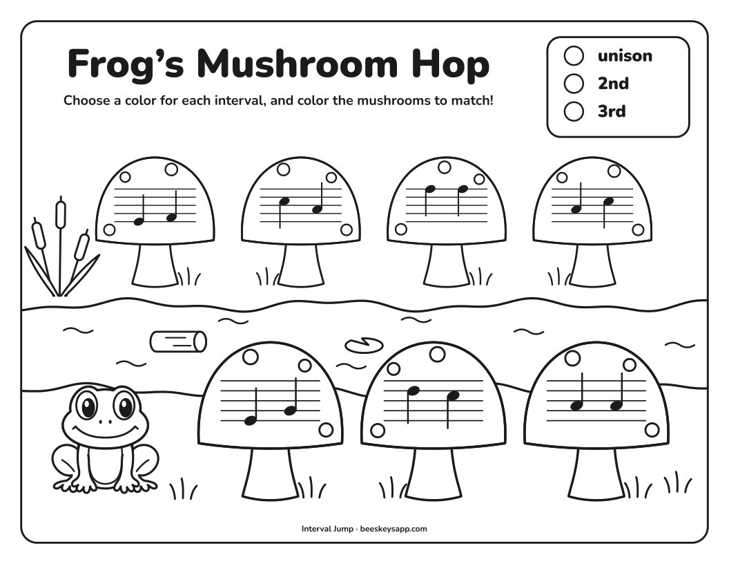The same coloring sheet with the key labeled unison, 2nd, and 3rd.