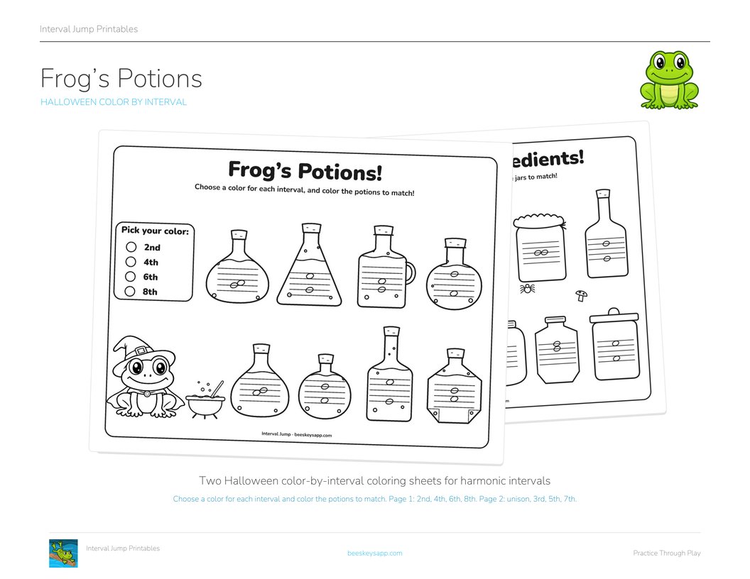 Frog's Potions: two Halloween coloring sheets fanned out, potion bottles on the front one and ingredient jars behind, each with two stacked notes on a staff, and a frog in a witch's hat in the corner.