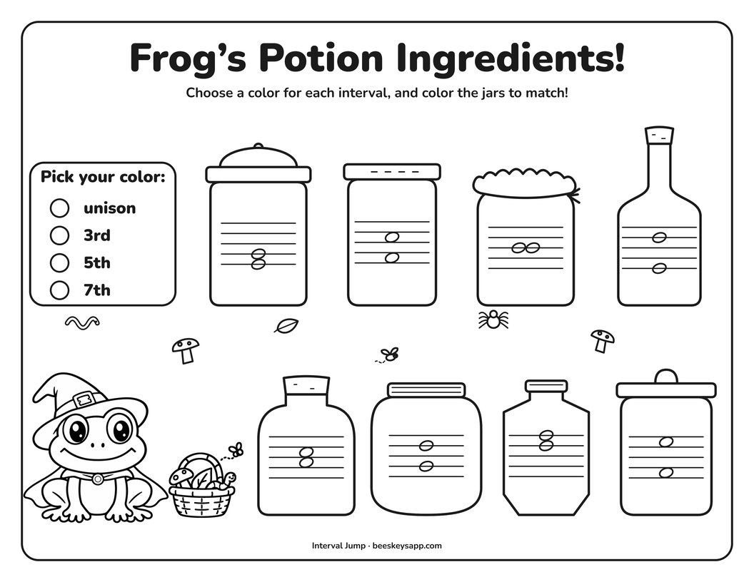 Frog's Potion Ingredients: eight jars, each with two stacked notes on a staff, a key for the unison, 3rd, 5th, and 7th, and the frog beside a foraging basket with a mushroom, a leaf, a worm, and a fly.