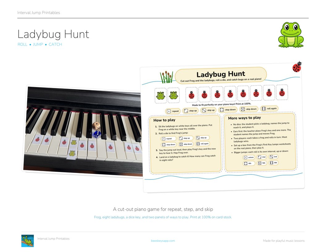 Ladybug Hunt: a photo of the cut-out frog and ladybugs sitting on real piano keys with two dice, next to the game sheet with its tiles, dice key, and rule cards.