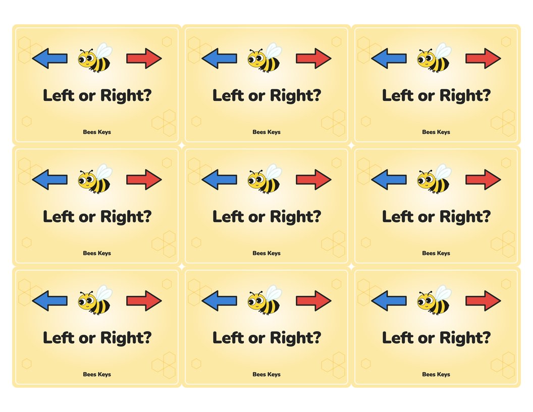 The sheet of card backs: honey yellow, with the bee between the blue and red arrows and Left or Right? underneath.