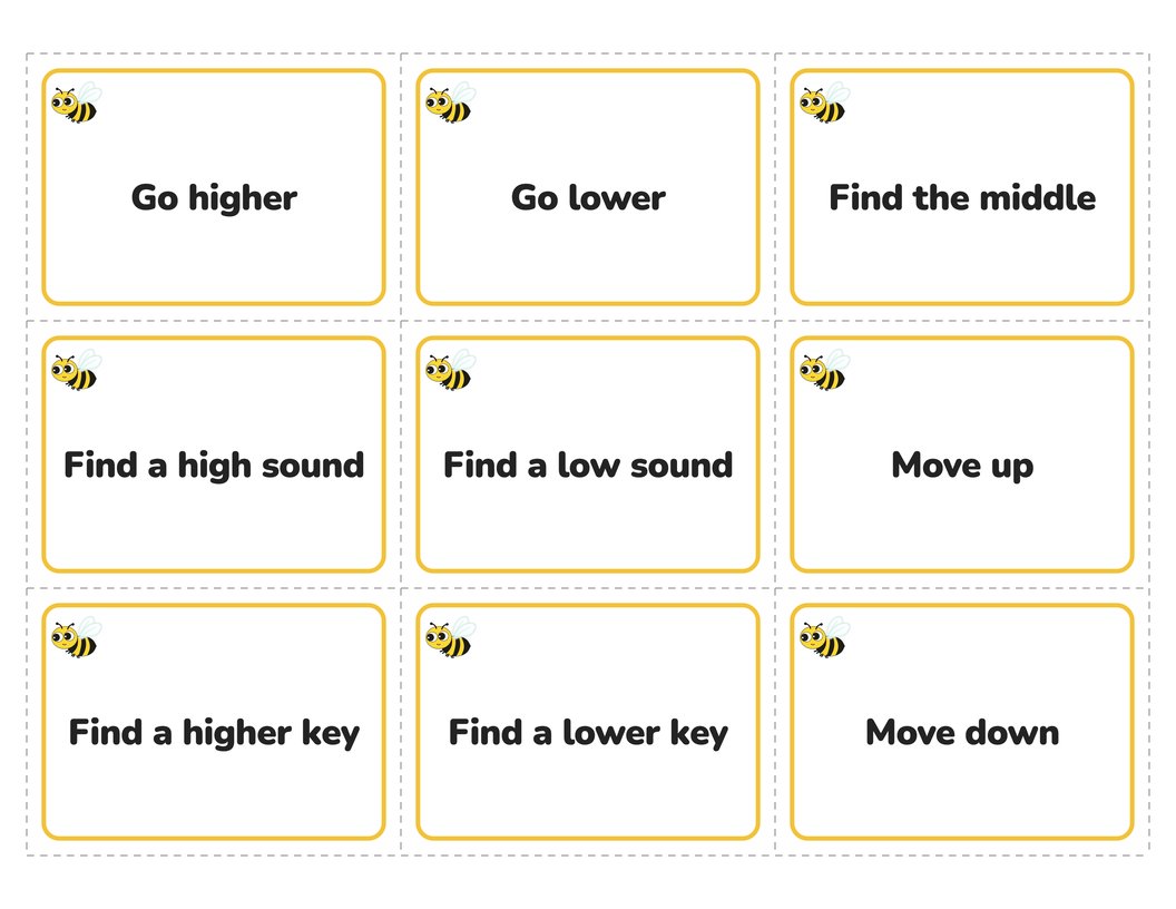 A sheet of nine prompt cards with honey borders: Go higher, Go lower, Find the middle, Find a high sound, Find a low sound, Move up, Find a higher key, Find a lower key, and Move down.