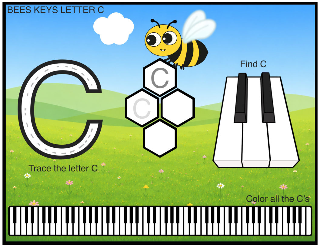 The colorful letter C worksheet: the same layout over the Bees Keys meadow and blue sky background.