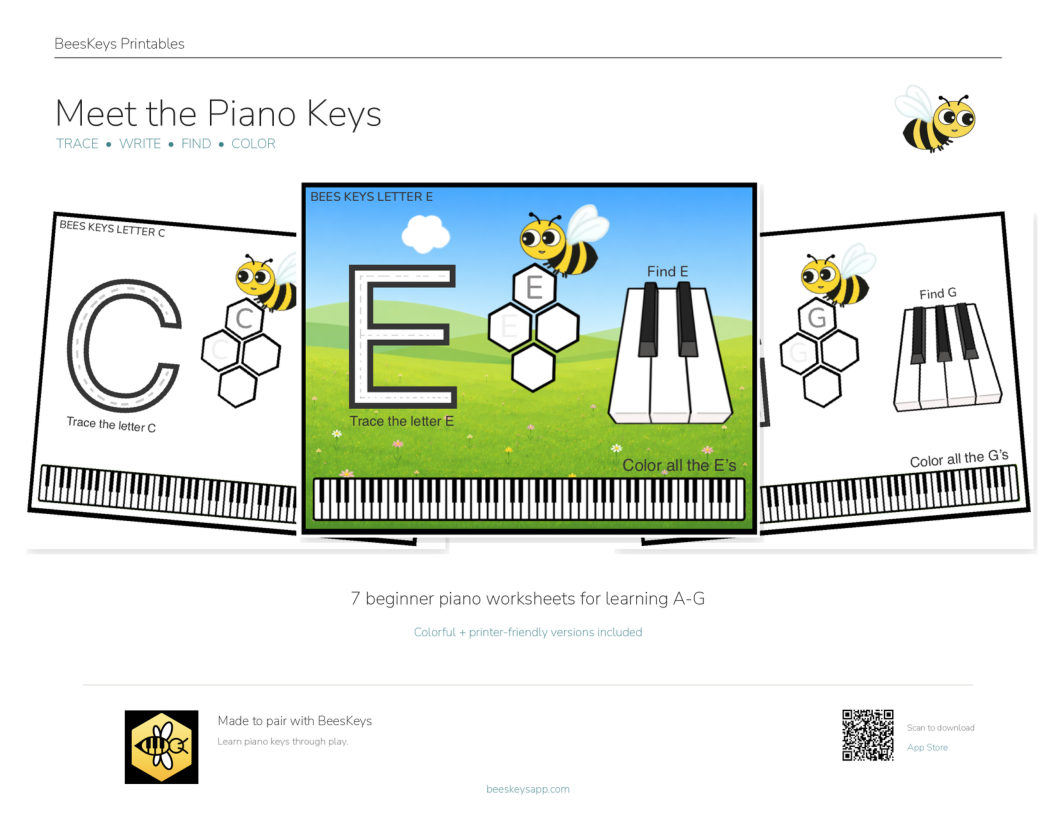 Cover of the Meet the Piano Keys printable: three worksheets fanned out, each with a large letter to trace, a honeycomb, and a piano keyboard.