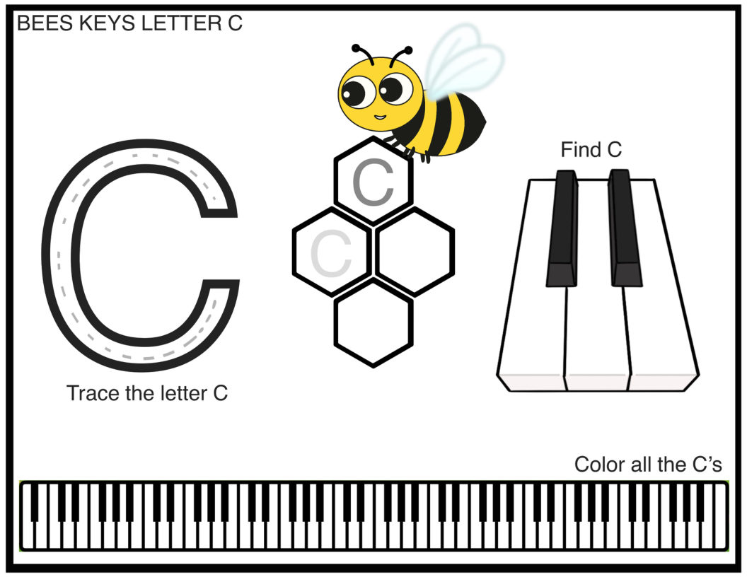 The printer-friendly letter C worksheet: black line art on white, with a letter to trace, a honeycomb, a close-up of piano keys, and a full keyboard along the bottom.