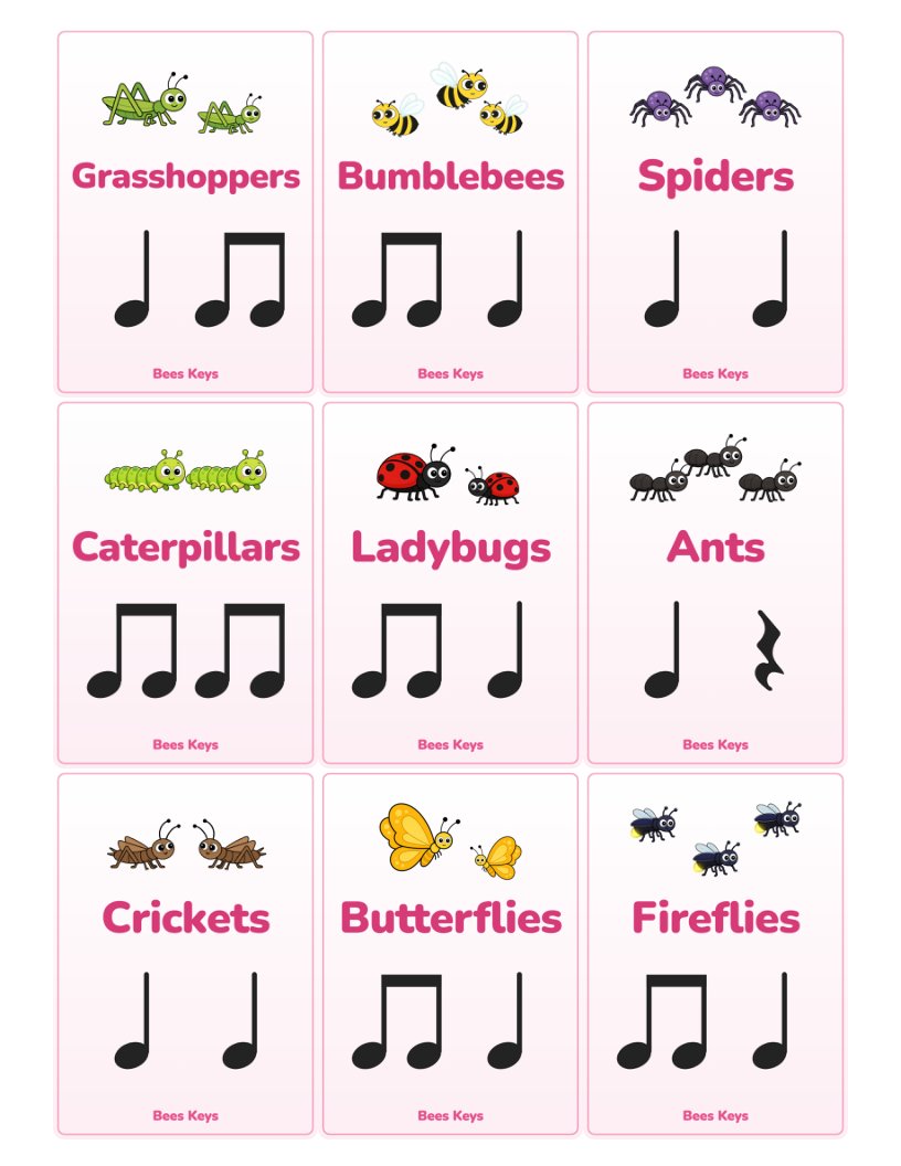 A sheet of nine Creature cards: Grasshoppers, Bumblebees, Spiders, Caterpillars, Ladybugs, Ants, Crickets, Butterflies and Fireflies, each with a small group of the creature, the word in pink, and its rhythm in black notes.