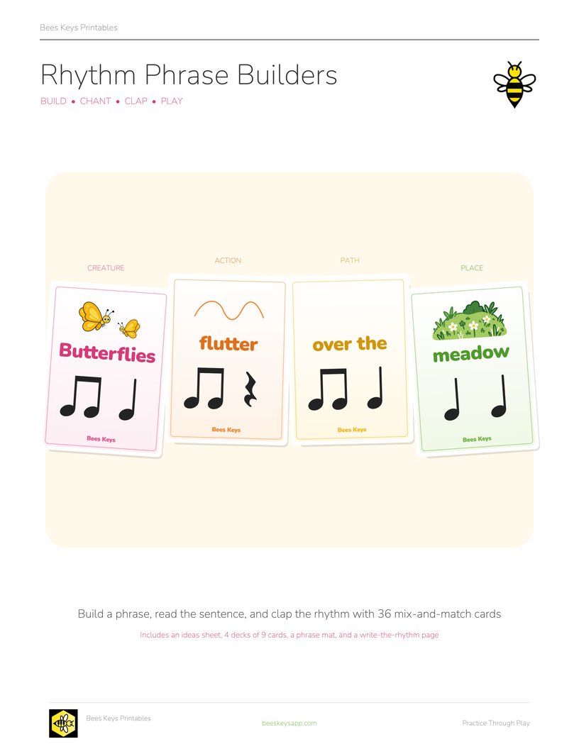 Rhythm Phrase Builders: four cards in a row, Butterflies, flutter, over the, meadow, each with its rhythm in big black notes.
