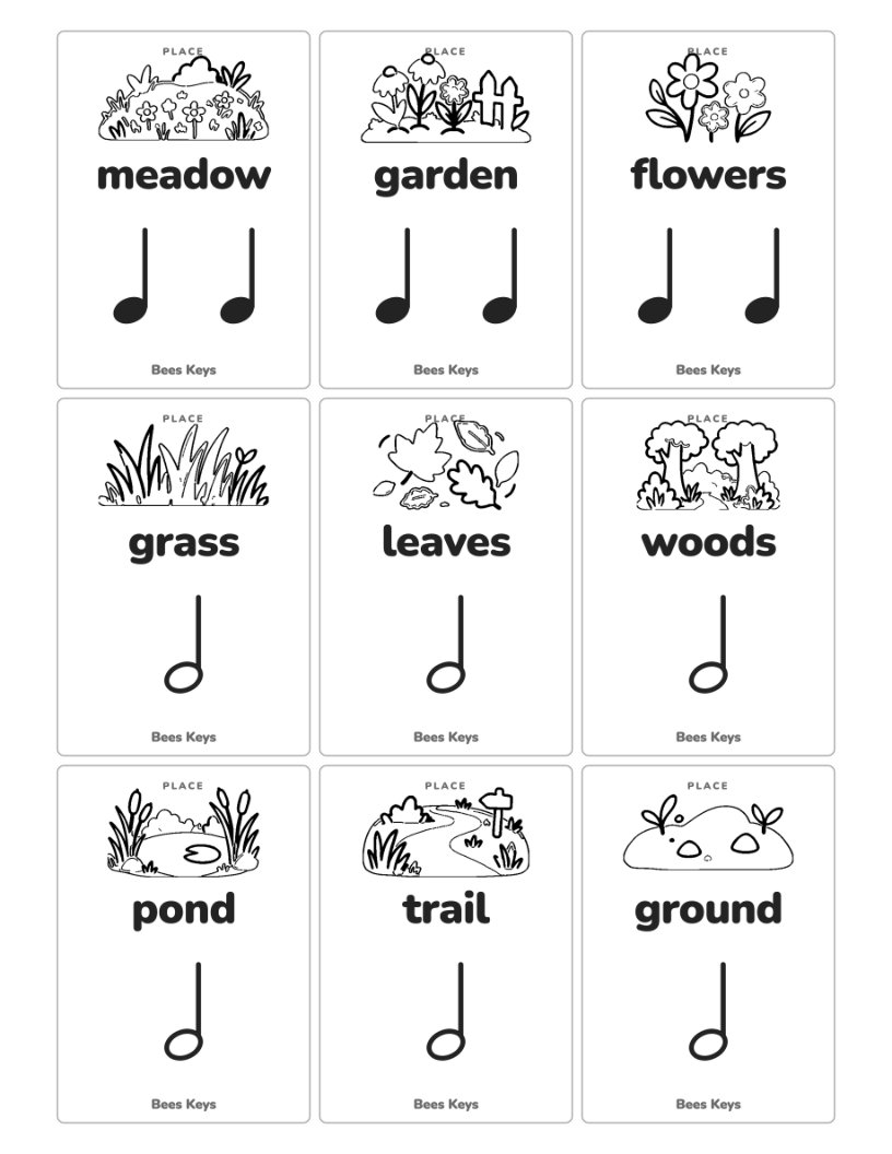 A sheet of nine black-and-white Place cards: flowers, garden, meadow, woods, leaves, grass, ground, trail and pond, each place drawn as an outline to color, with its rhythm in black notes.