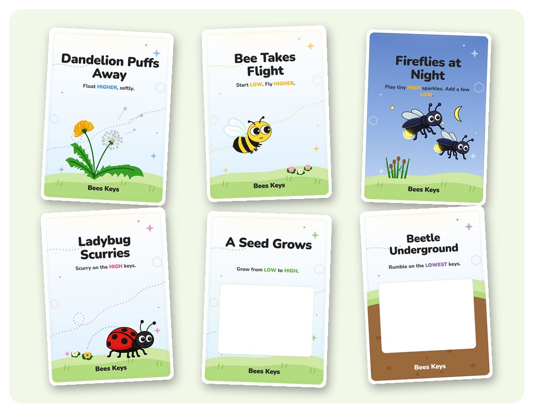 Bee's Sound Garden: six story cards laid out in two rows, four illustrated with a dandelion, a bee, fireflies and a ladybug, and two from the color-your-own deck with the picture left blank.