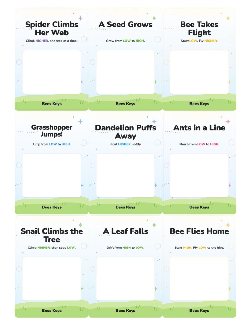 A sheet of nine color-your-own card fronts: the same titles and lines, with a blank white square where the picture goes.