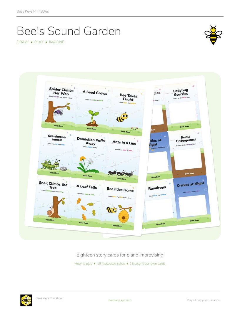 Bee&rsquo;s Sound Garden: two sheets of story cards fanned out, the illustrated deck in front with a spider, a seed, and a bee, and the color-your-own deck behind it.