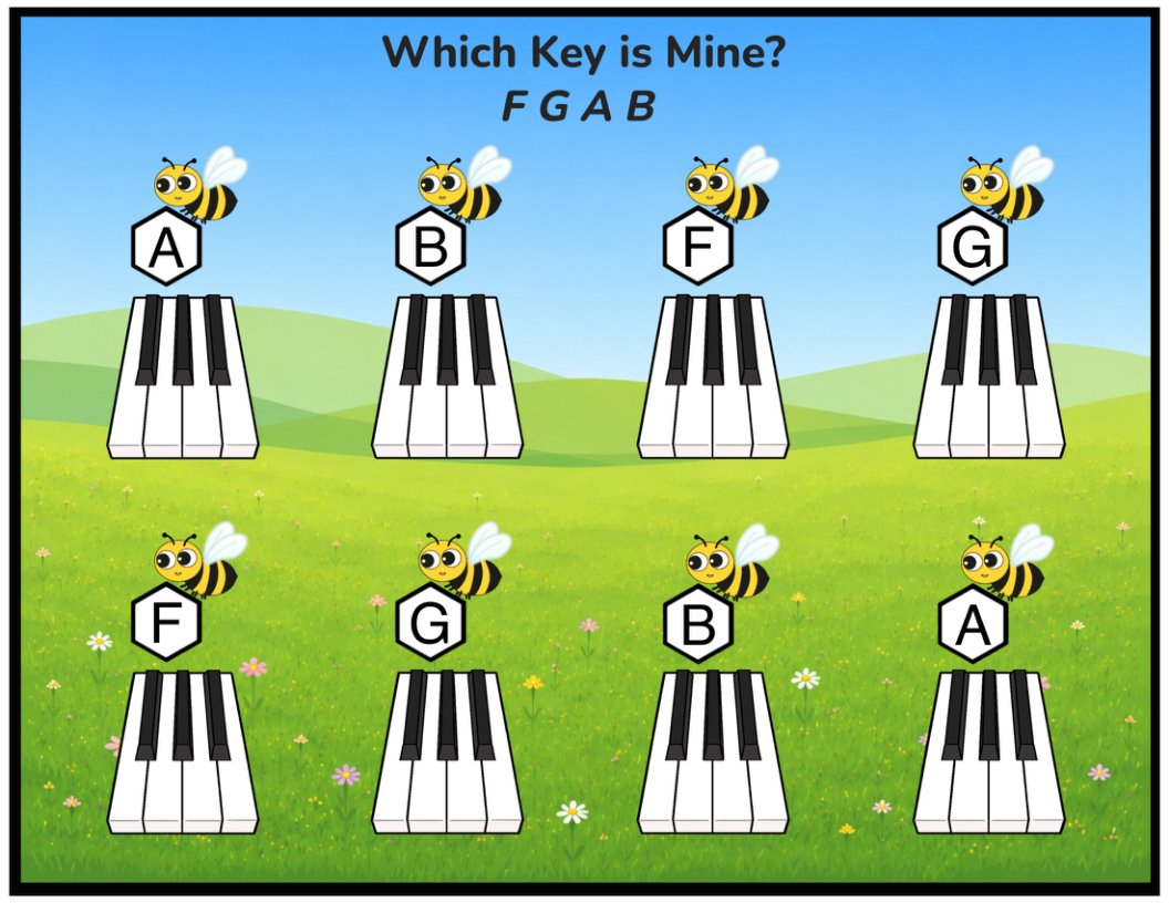 The colorful F-G-A-B worksheet: the same bees and keyboards over the Bees Keys meadow and blue sky background.