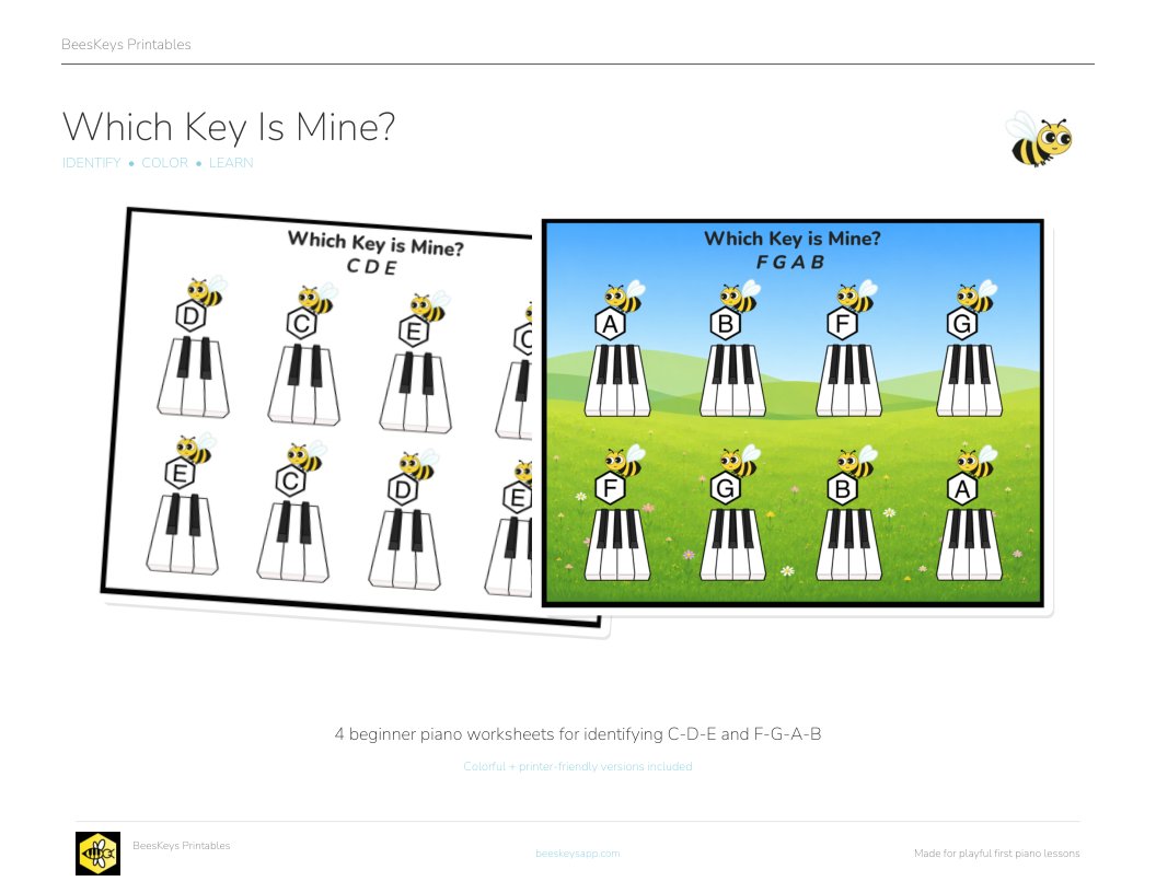 Cover of the Which Key Is Mine printable: two worksheets fanned out, each with eight bees carrying letters above small keyboard diagrams.